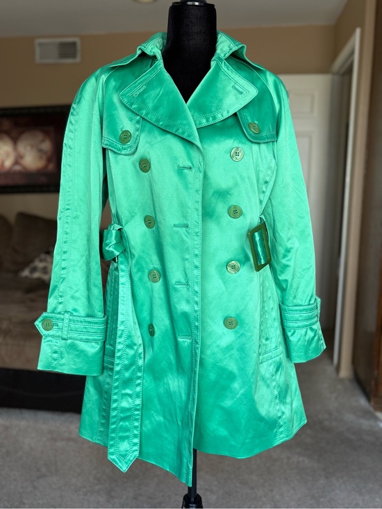Jessica Simpson Jackets & Blazers - Jessica Simpson Green Satin Double-Breasted Trench Coat with Belt